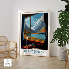 Orient Express Poster Window Art Print | Glacier Mountain View Poster framed in a stylish living room setting with mountain view.