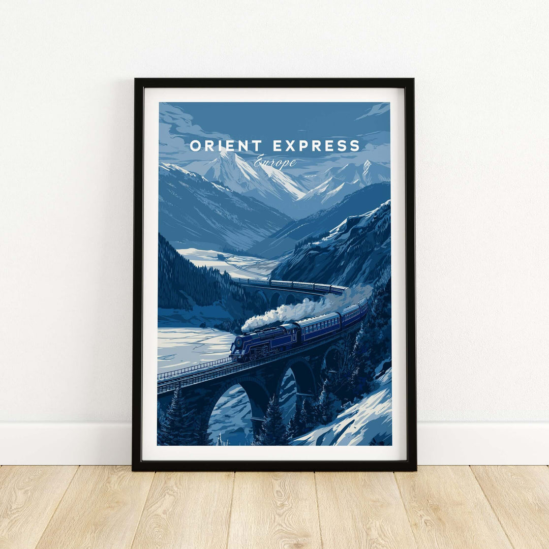 Orient Express Winter Alps Rail Journey Print | Vintage Luxury Wall Decor featuring a scenic train in the Alps.