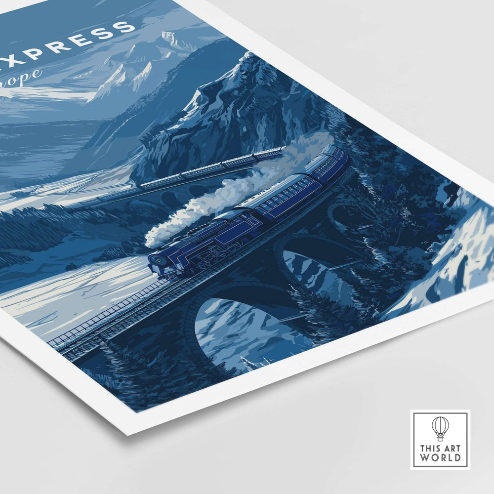 Orient Express Winter Alps Rail Journey Print | Vintage Luxury Wall Decor capturing a train in snowy Alpine scenery.