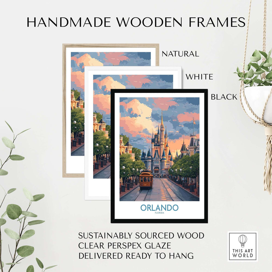 Handmade wooden frames in natural, white, and black with Orlando Florida Castle Art Print | Theme Park Travel Poster.
