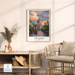 Orlando Florida Castle Art Print | Theme Park Travel Poster showcased in a stylish home setting with furniture.