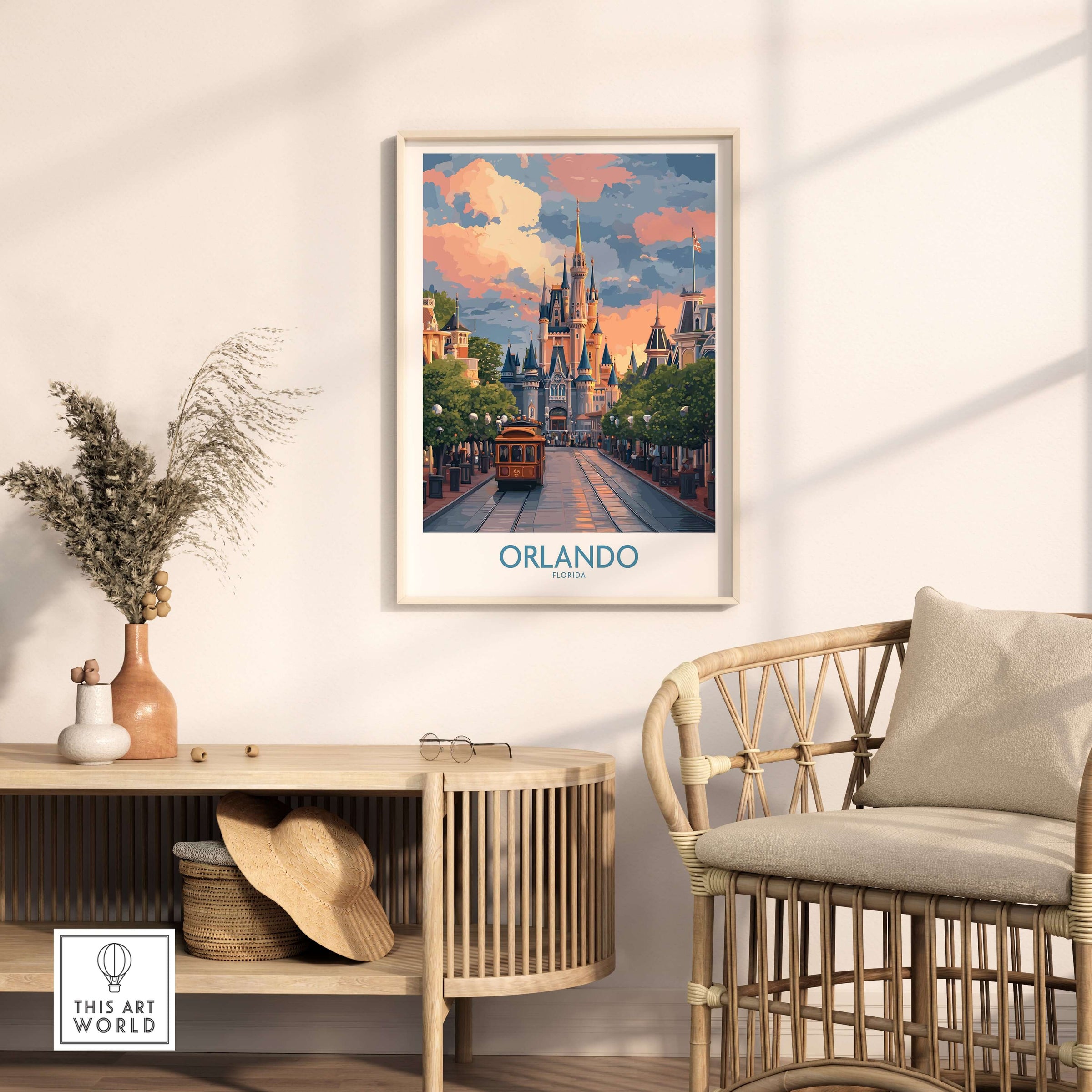 Orlando Florida Castle Art Print | Theme Park Travel Poster showcased in a stylish home setting with furniture.