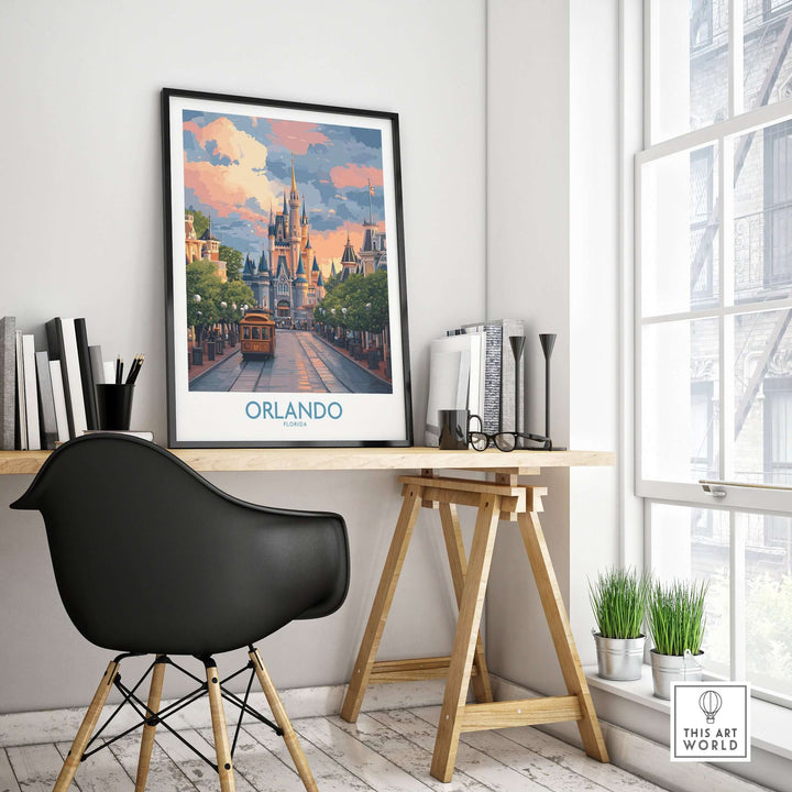 Orlando Florida Castle Art Print | Theme Park Travel Poster displayed in a modern home office setting.
