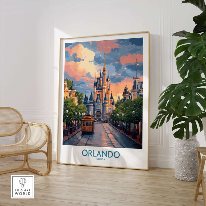 Orlando Florida Castle Art Print | Theme Park Travel Poster displayed in a cozy room with greenery.