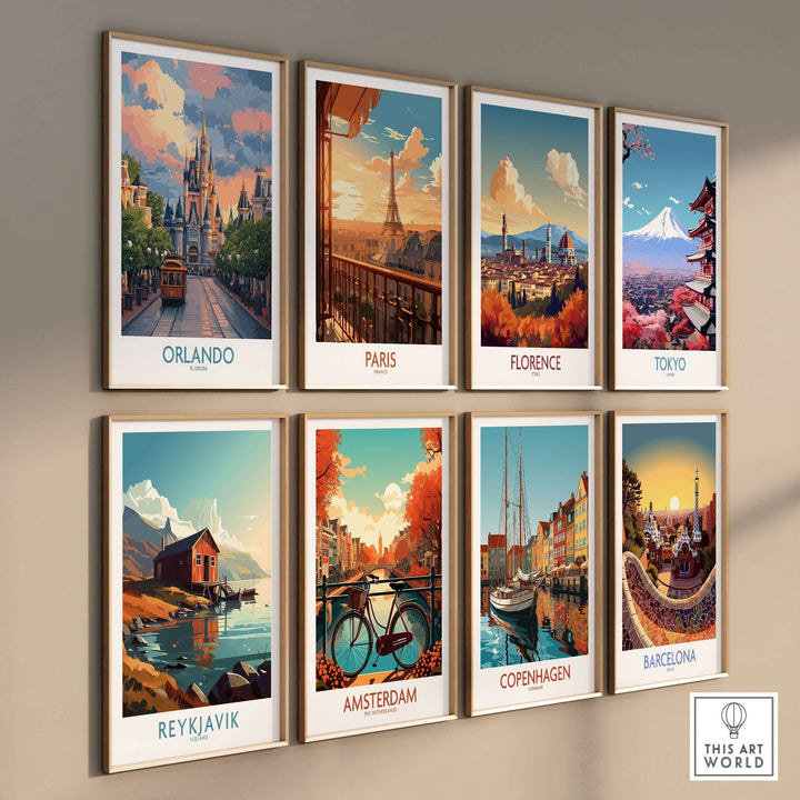 Orlando Florida Castle Art Print | Theme Park Travel Poster displayed among other city travel posters.