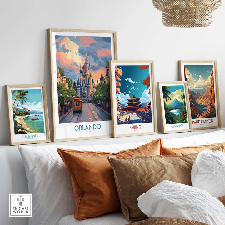 Orlando Florida Castle Art Print | Theme Park Travel Poster displayed among other travel posters in a stylish setting.