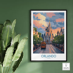 Orlando Florida Castle Art Print | Theme Park Travel Poster showcasing a vibrant castle and street scene.