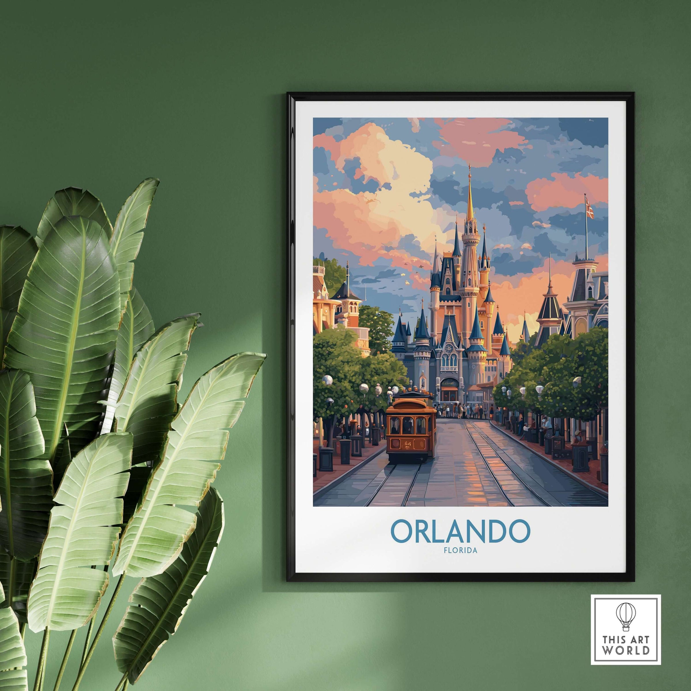 Orlando Florida Castle Art Print | Theme Park Travel Poster showcasing a vibrant castle and street scene.