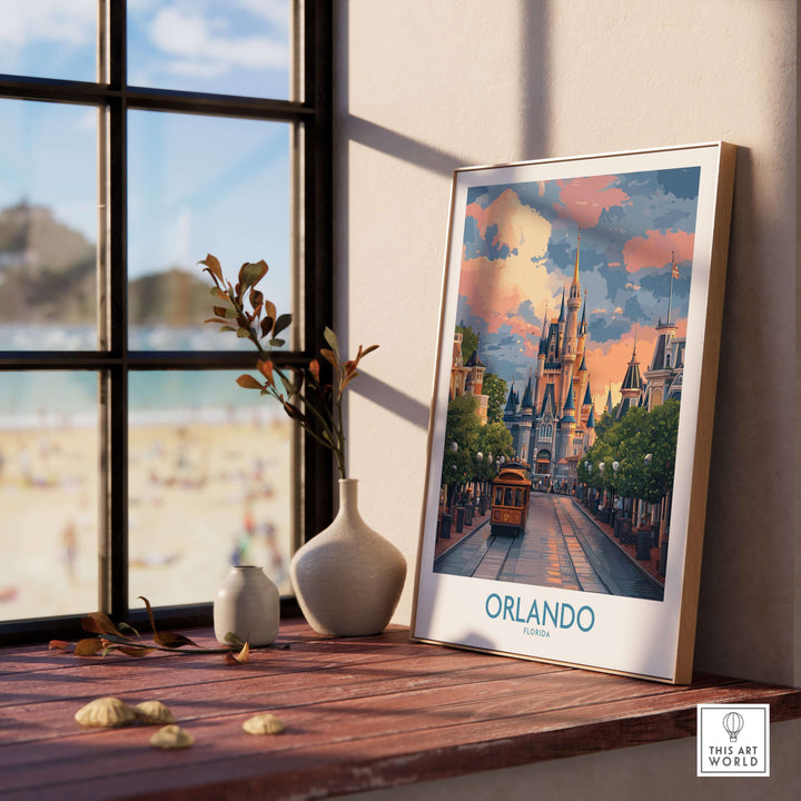 Orlando Florida Castle Art Print | Theme Park Travel Poster displayed in a sunlit room beside plants and decor.