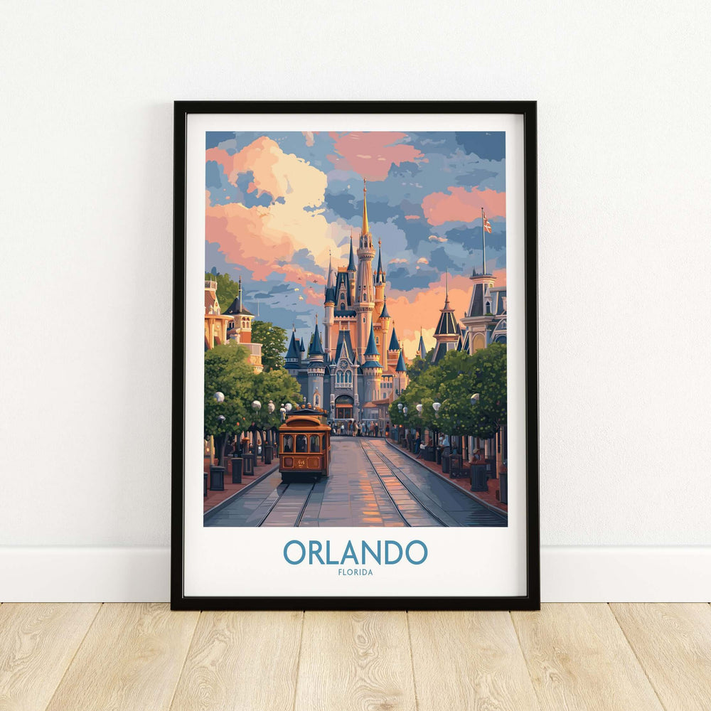 Orlando Florida Castle Art Print | Theme Park Travel Poster showcasing enchanting castle and vintage tram.