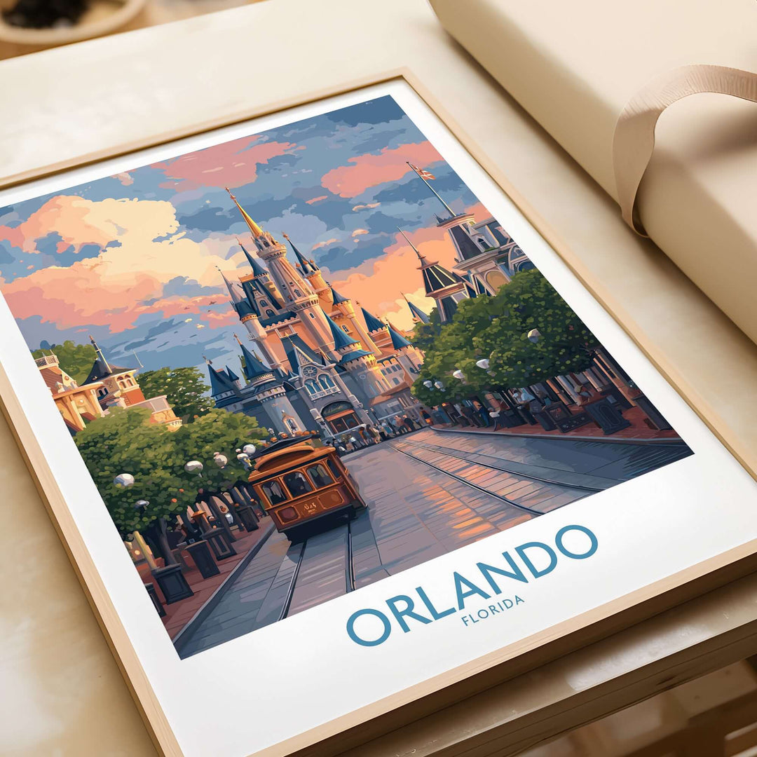 Orlando Florida Castle Art Print | Theme Park Travel Poster featuring a vibrant illustration of a magical castle.