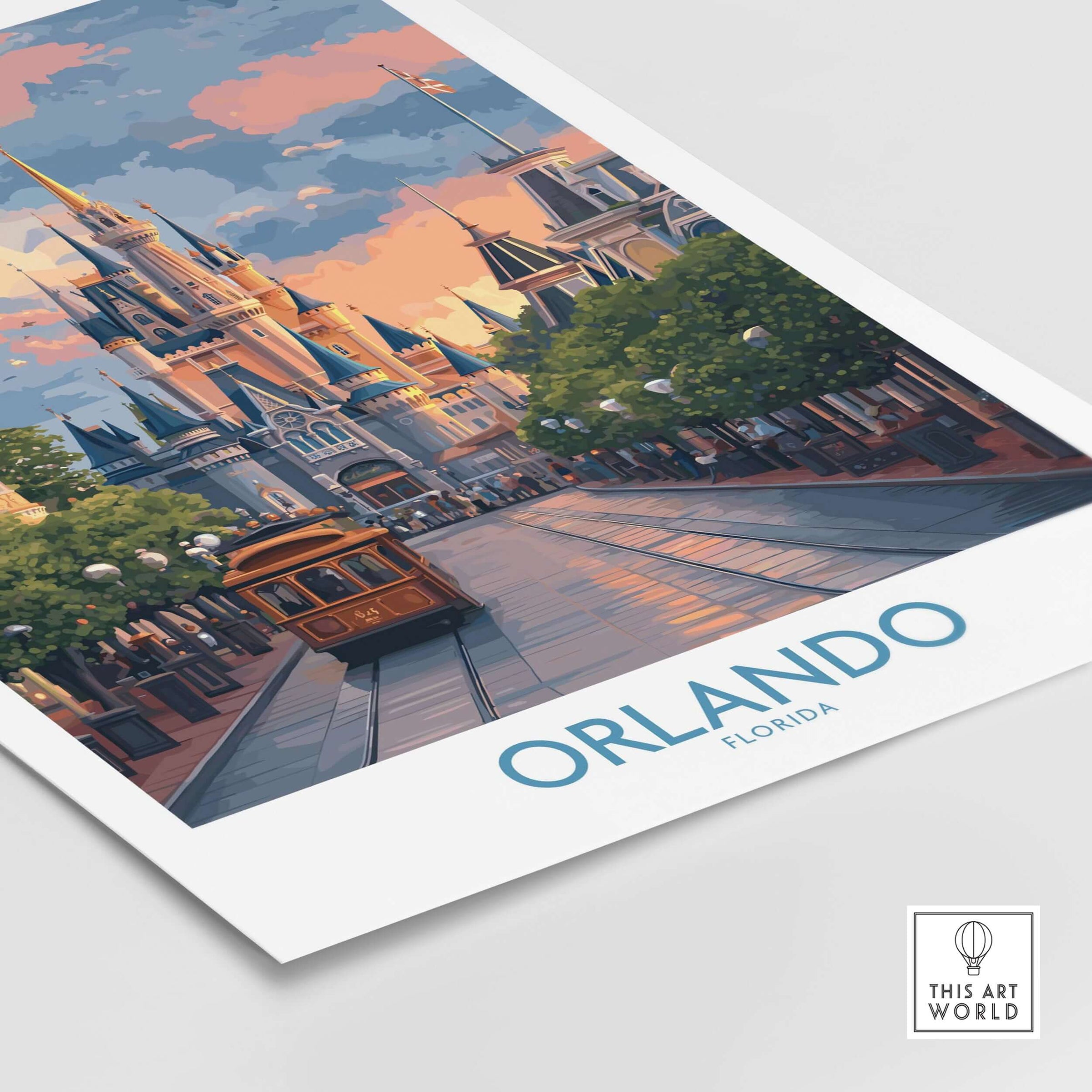Orlando Florida Castle Art Print | Theme Park Travel Poster showcasing a beautiful view of a castle and street.