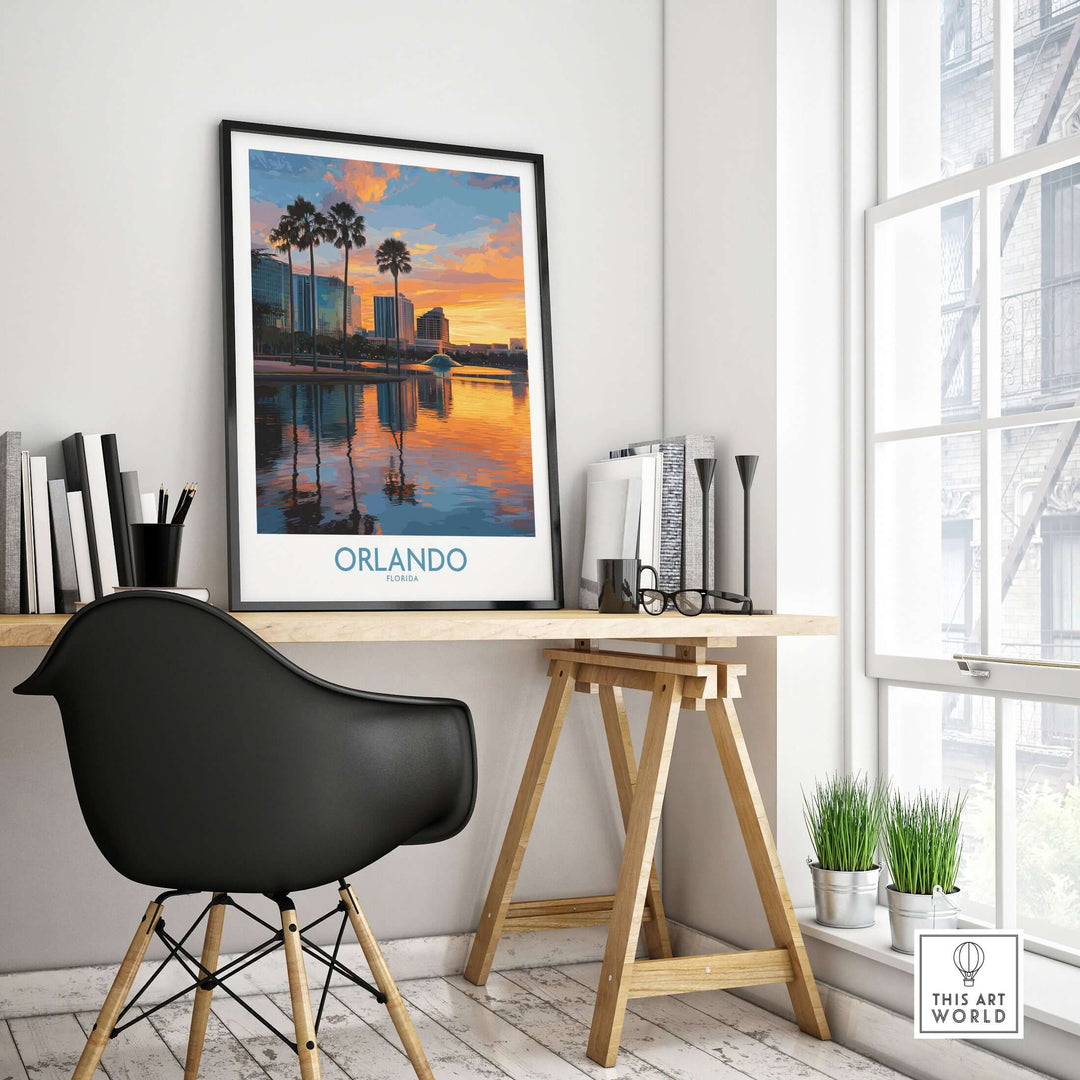 Orlando Florida City Sunset Skyline Art Print displayed in a modern office setting with plants and books.