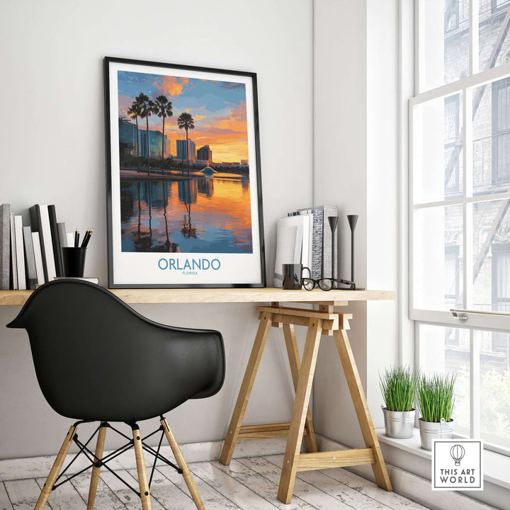 Orlando Florida City Sunset Skyline Art Print displayed in a modern office setting with plants and books.