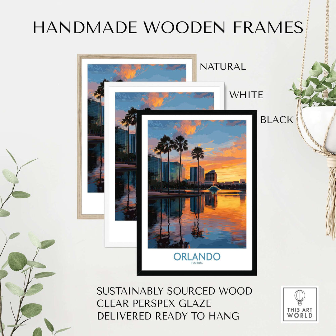 Handmade wooden frames with Orlando Florida City Sunset Skyline Art Print, showcasing natural, white, and black frame options.