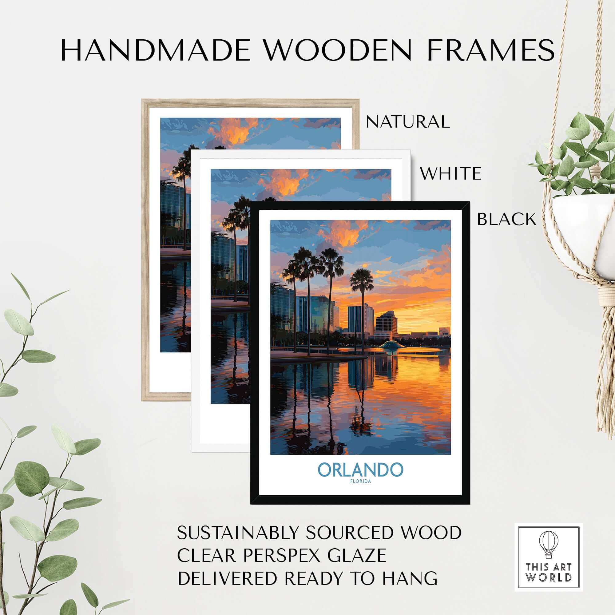 Handmade wooden frames in natural, white, and black showcasing Orlando Florida City Sunset Skyline Art Print.
