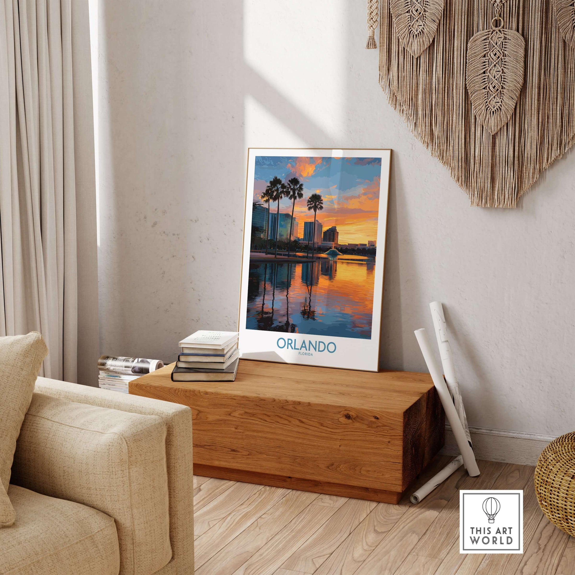 Orlando Florida City Sunset Skyline Art Print displayed in a modern living room setting with warm hues.