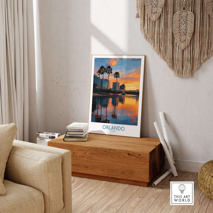 Orlando Florida City Sunset Skyline Art Print displayed in a cozy living room setting with warm sunset colors.