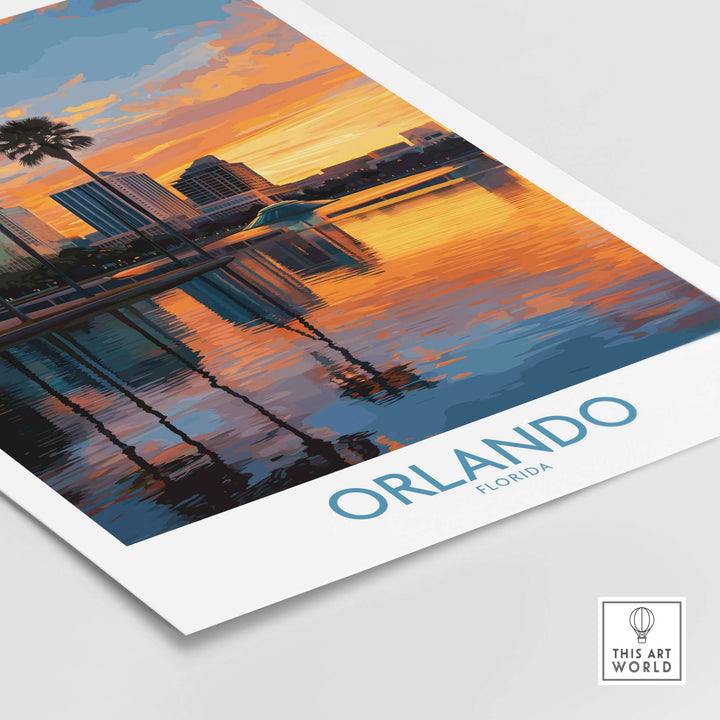 Orlando Florida City Sunset Skyline Art Print showcasing a vibrant sunset reflection on the water and city buildings.