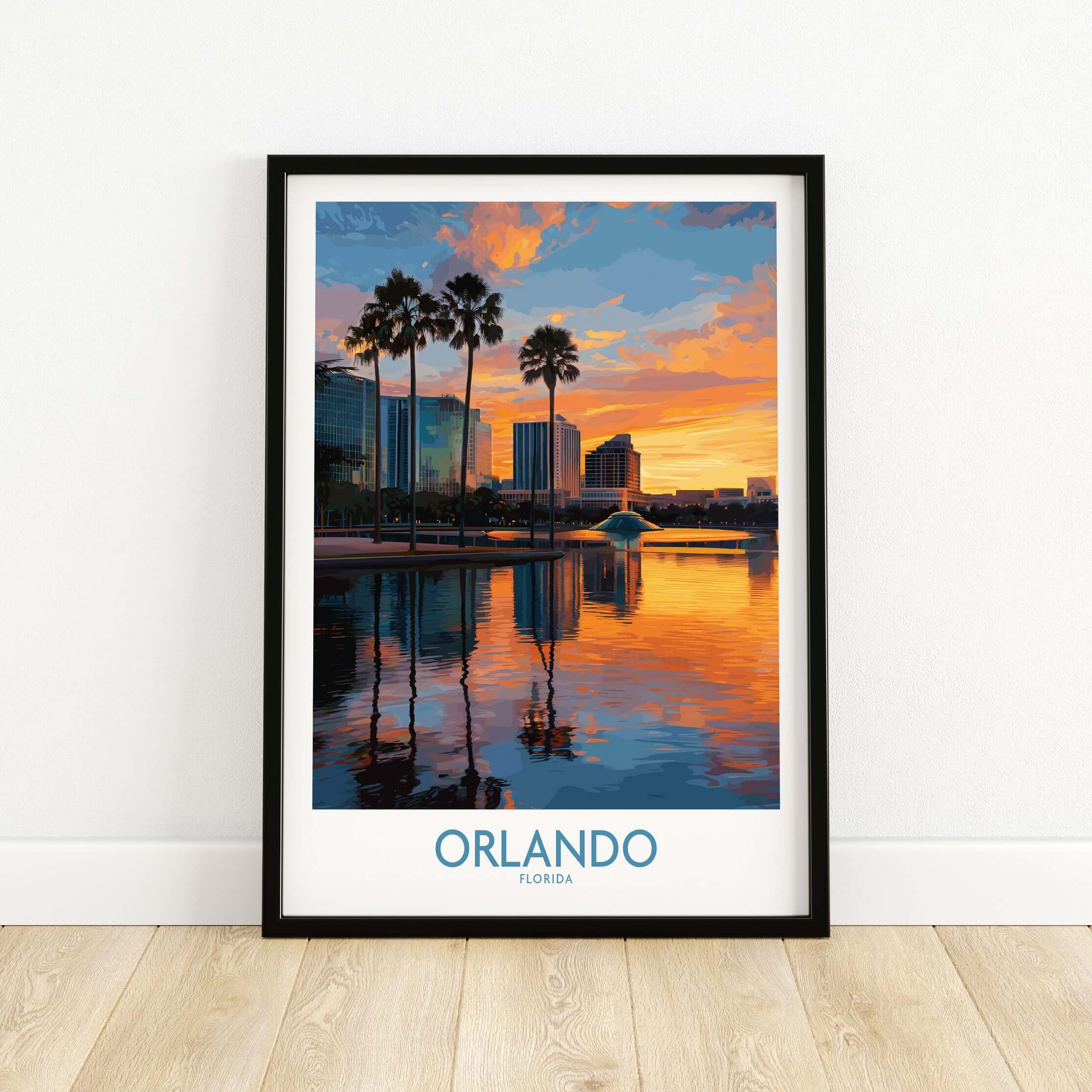 Orlando Florida City Sunset Skyline Art Print featuring palm trees and reflections at sunset.