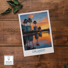 Orlando Florida City Sunset Skyline Art Print showcasing sunset reflection on water with palm trees and city skyline.