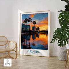 Orlando Florida City Sunset Skyline Art Print showcasing vibrant sunset over the skyline with palm trees in the foreground.