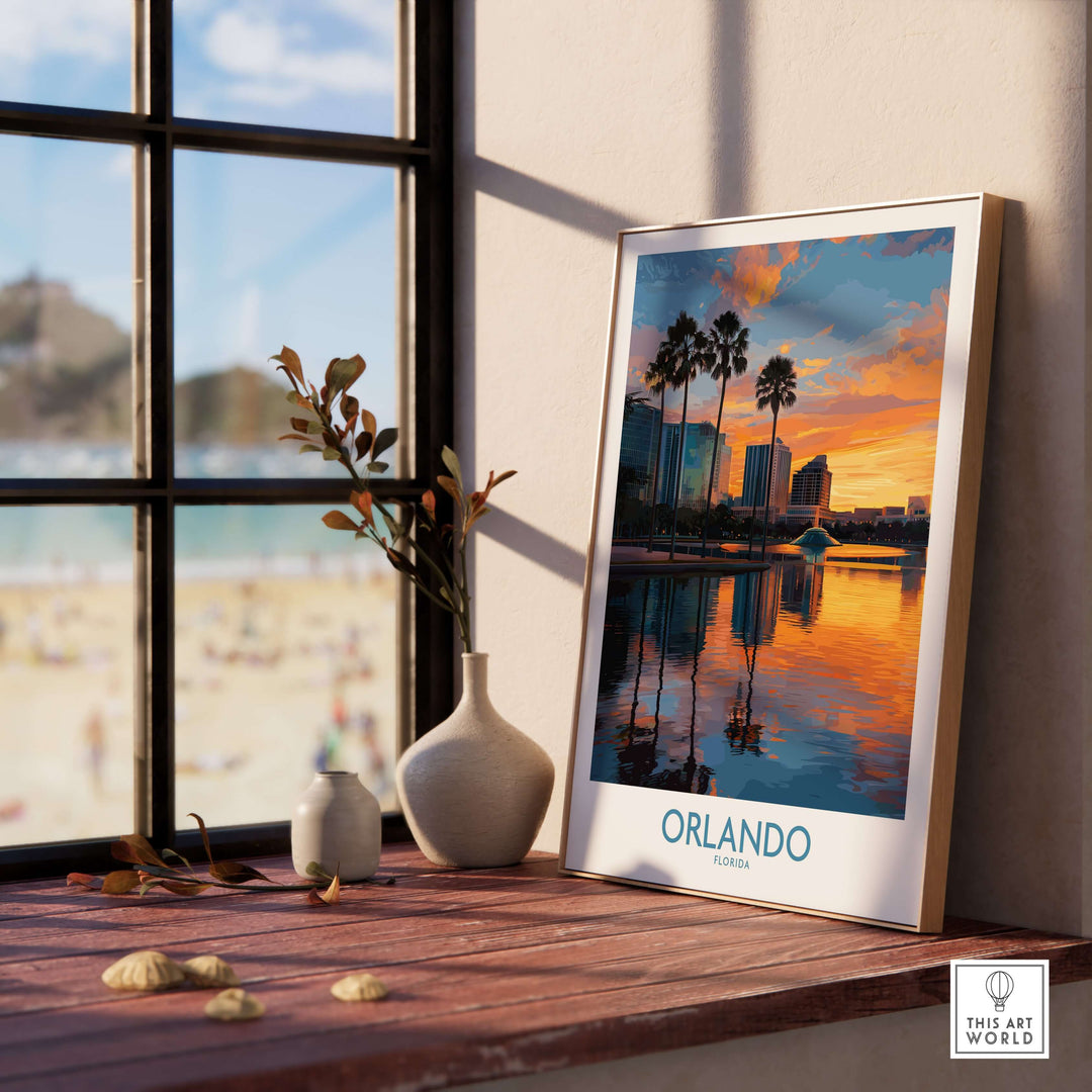 Orlando Florida City Sunset Skyline Art Print showcasing vibrant sunset reflections in urban scenery.