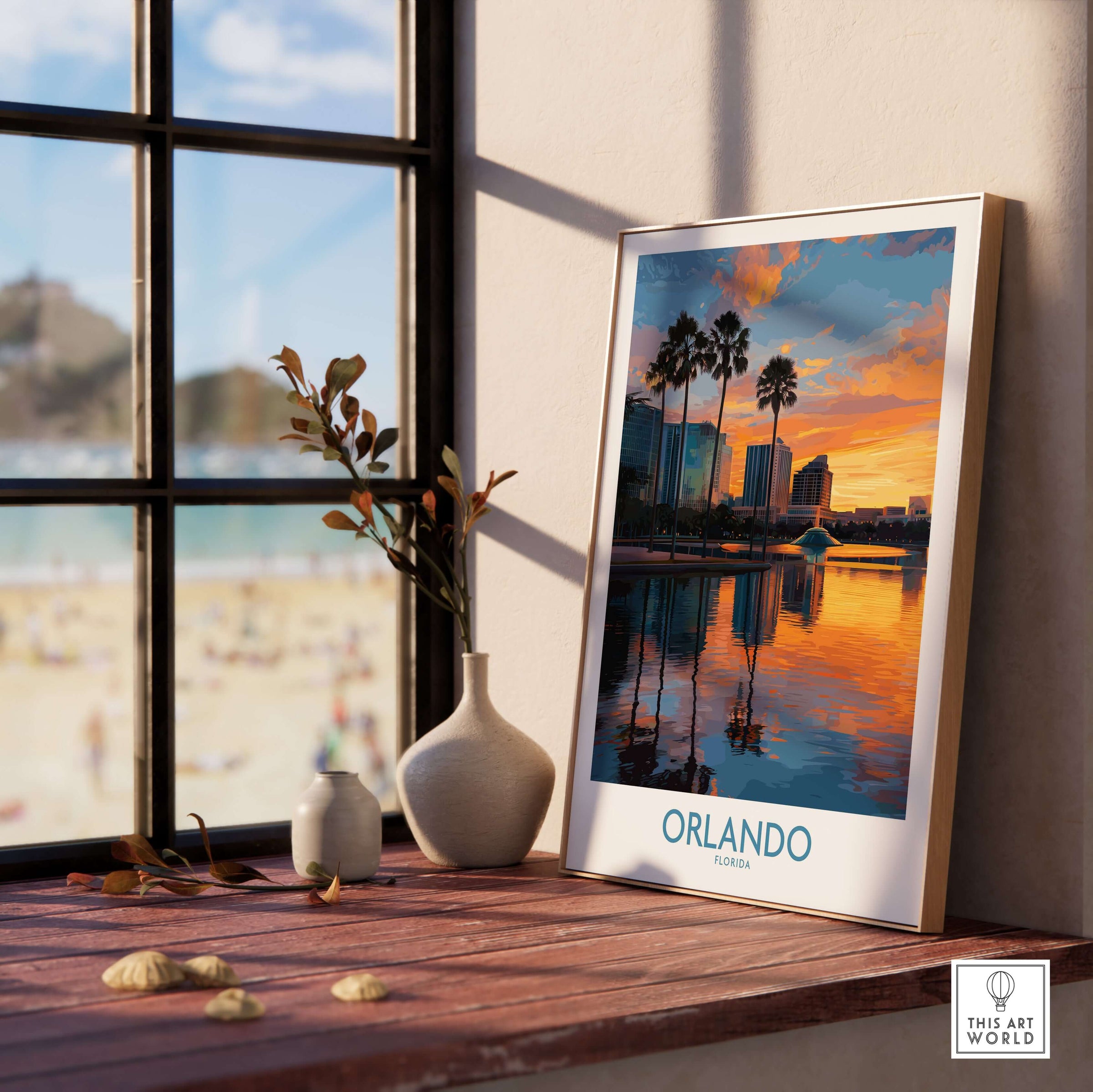 Orlando Florida City Sunset Skyline Art Print framed on a windowsill, showcasing sunset reflections and city skyline.