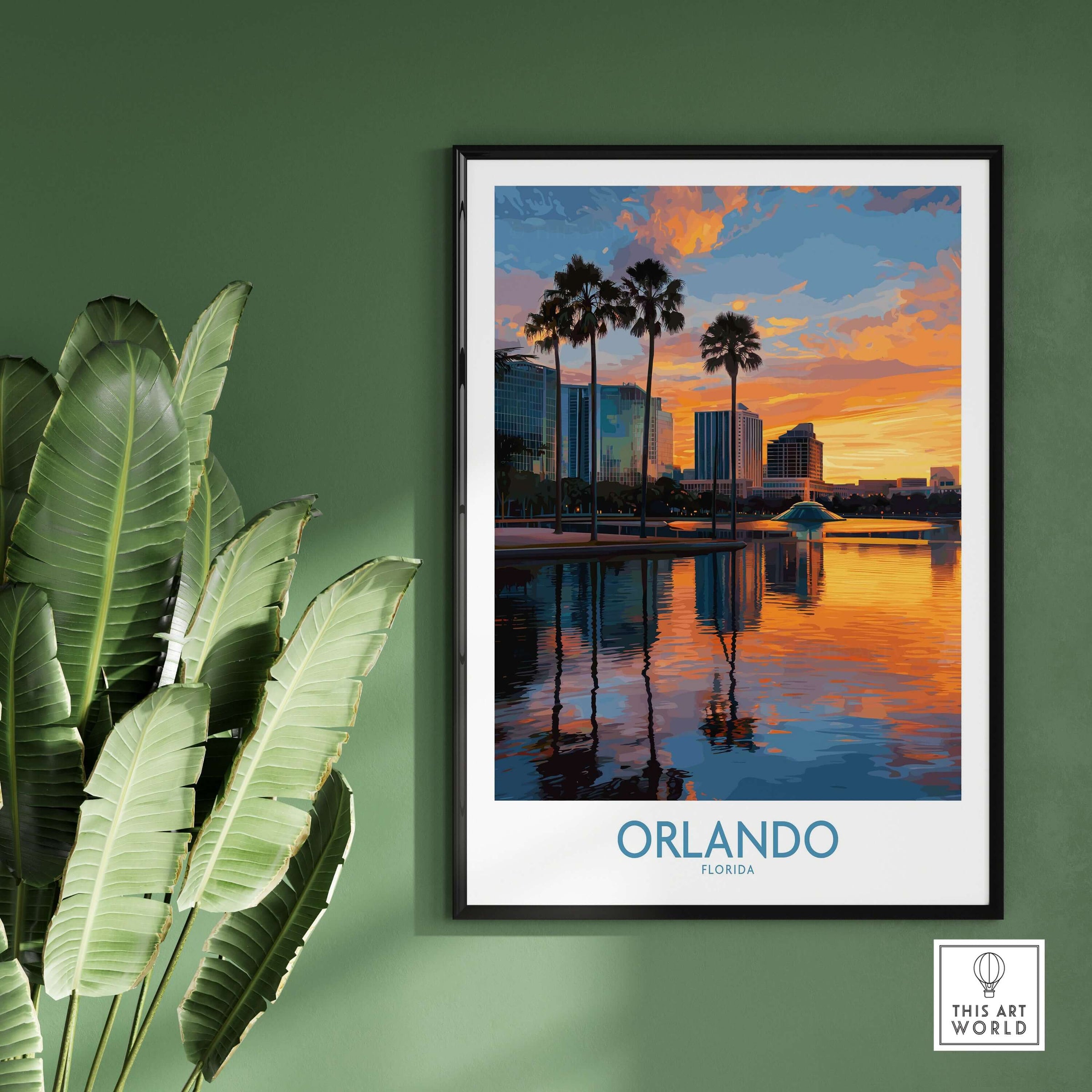 Orlando Florida City Sunset Skyline Art Print showcasing a vibrant sunset over the city skyline with palm trees.