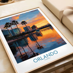 Orlando Florida City Sunset Skyline Art Print featuring vibrant sunset colors and reflections on water.