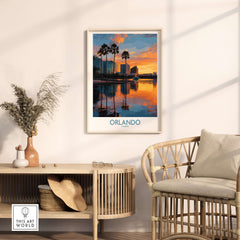 Orlando Florida City Sunset Skyline Art Print displayed in a modern living room with reflections on water.