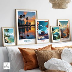 Orlando Florida City Sunset Skyline Art Print displayed among travel-themed art prints in a cozy living room setting.