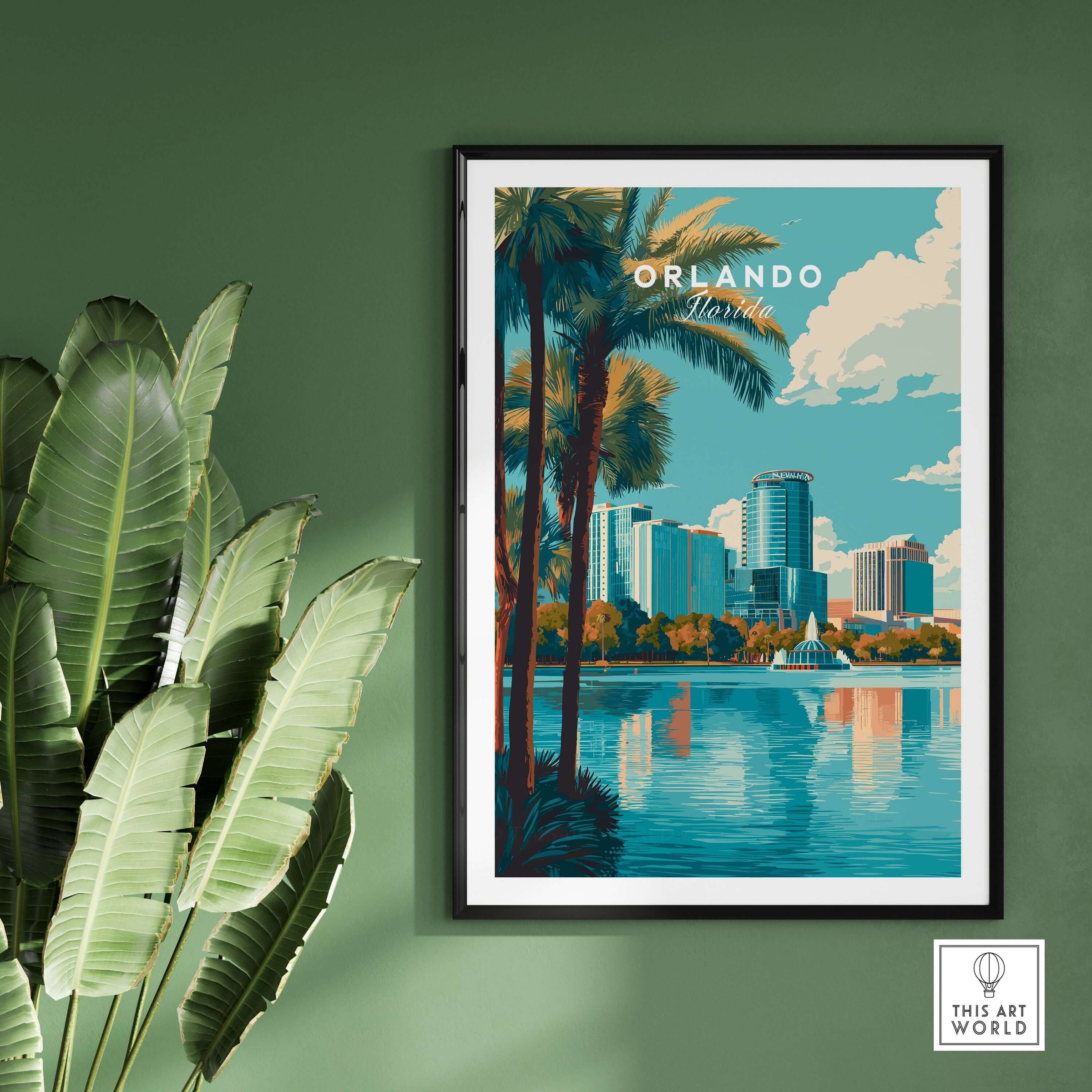 Orlando Print | Florida City Wall Art showcasing vibrant cityscape with palm trees and water reflections.