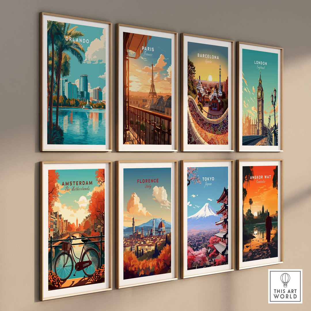Orlando Print | Florida City Wall Art displayed among other city art prints in a modern interior setting.