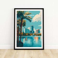 Orlando Print | Florida City Wall Art featuring dynamic cityscape and palm trees by the water.