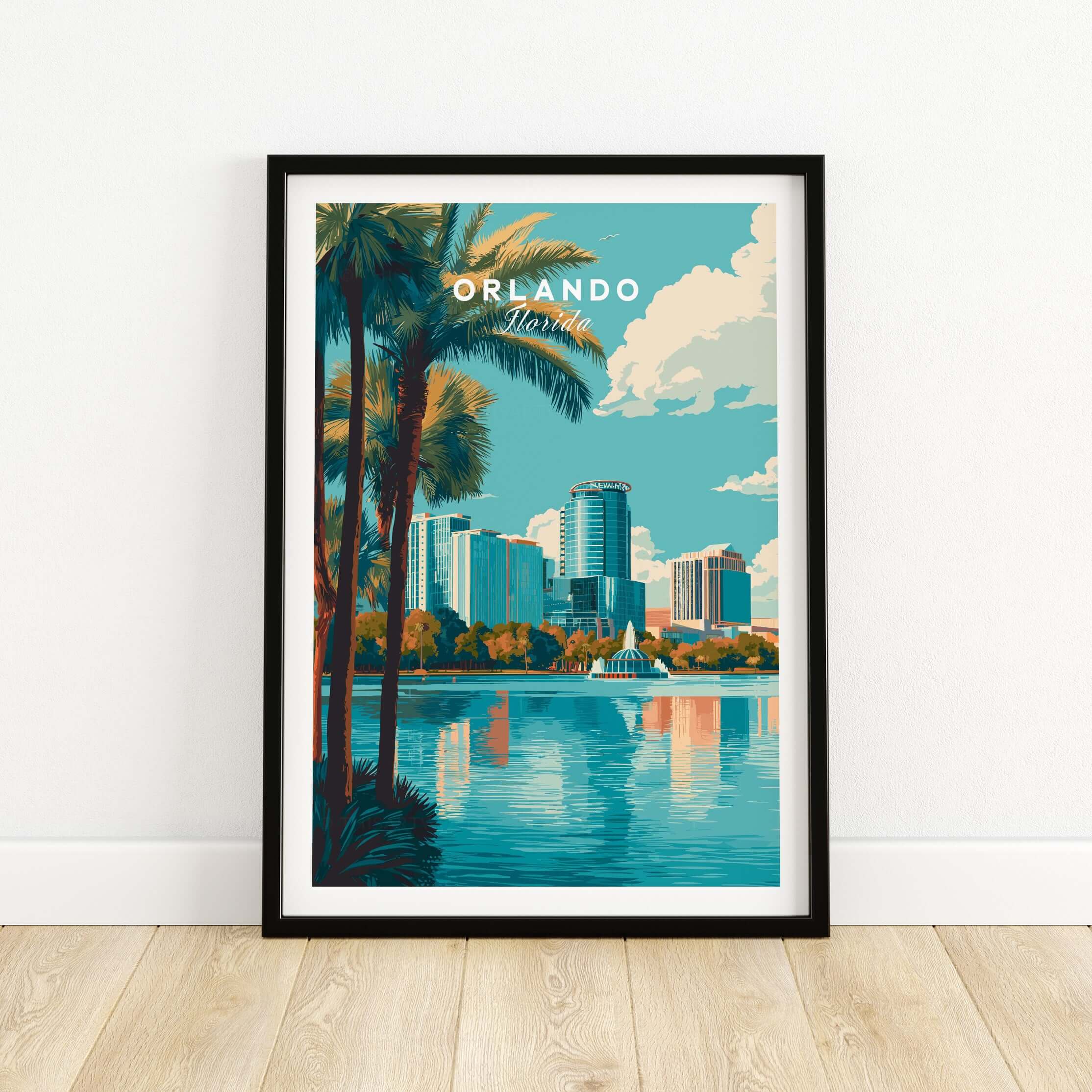 Orlando Print | Florida City Wall Art featuring dynamic cityscape and palm trees by the water.