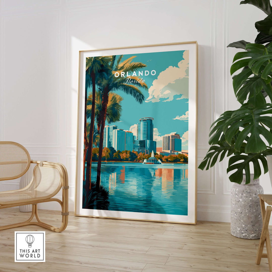 Orlando Print | Florida City Wall Art displayed in a modern living room with palm trees and city skyline.