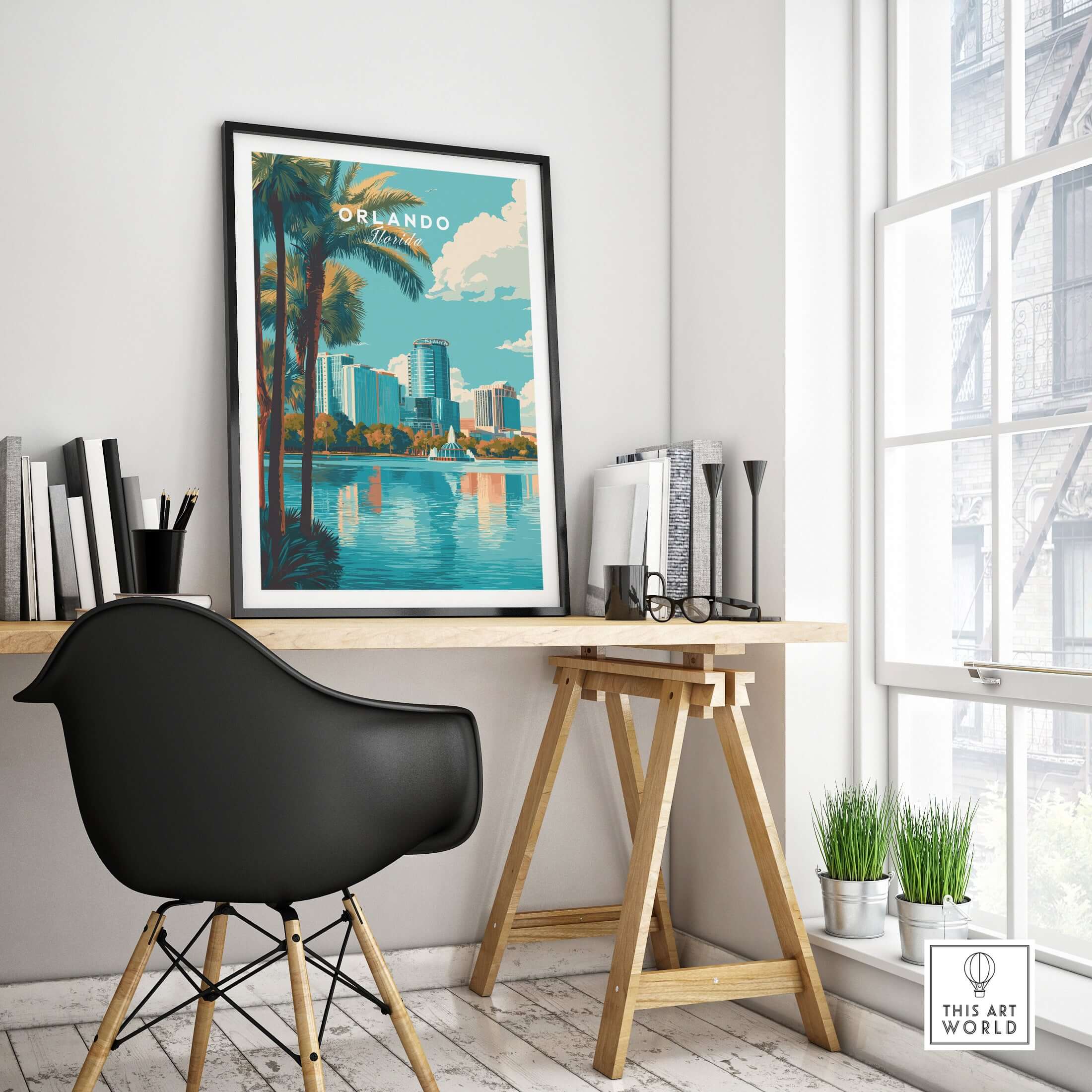 Orlando Print | Florida City Wall Art featuring vibrant cityscape and reflections in a stylish interior.