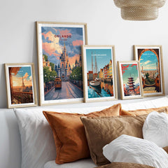 Orlando Print | Florida Home Decor showcased in a stylish arrangement of framed artworks on a couch.
