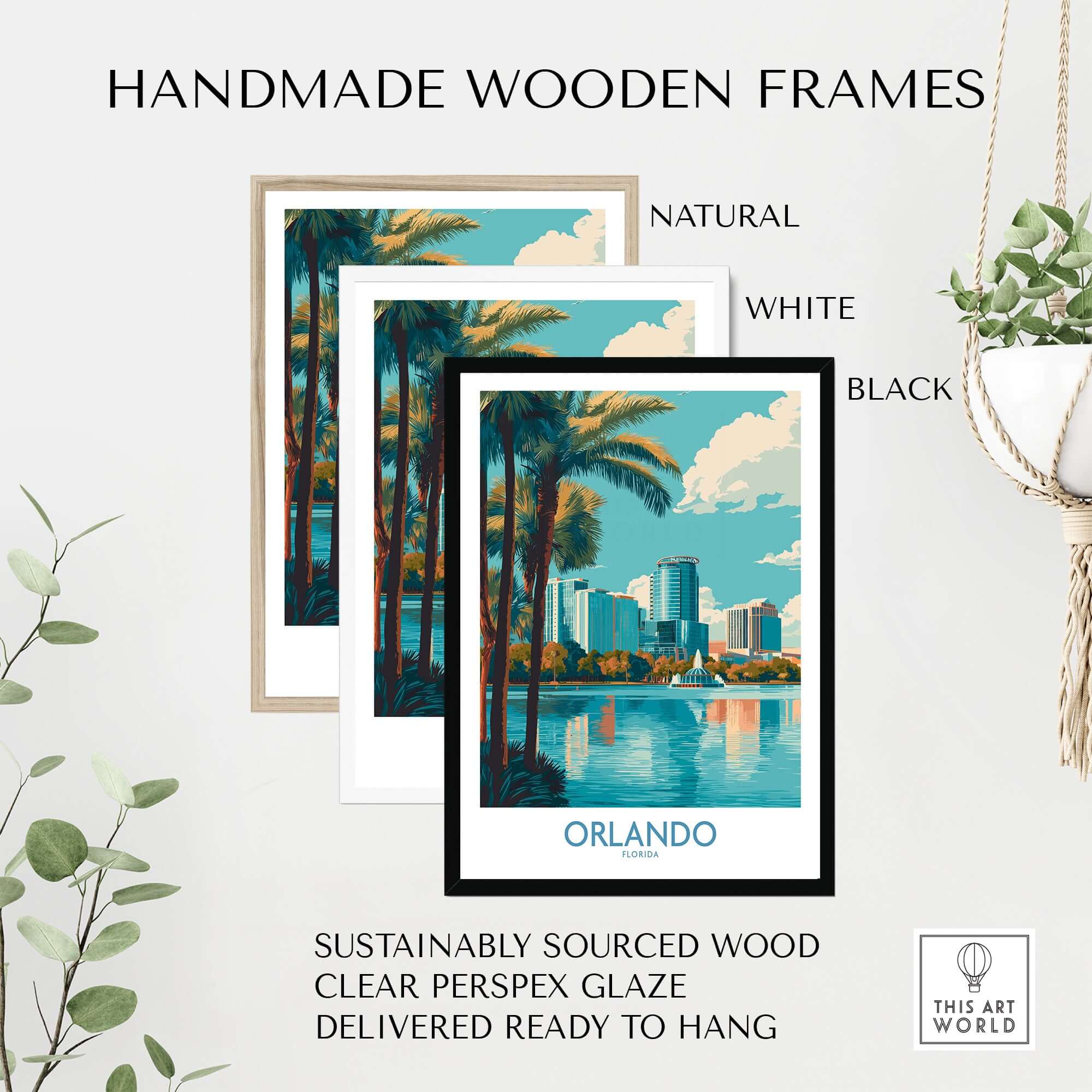 Handmade wooden frames for Orlando Florida Modern Skyline Art Print | Lake Eola Park Travel Poster in natural, white, and black.
