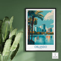 Orlando Florida Modern Skyline Art Print | Lake Eola Park Travel Poster showcasing a vibrant cityscape and palm trees.