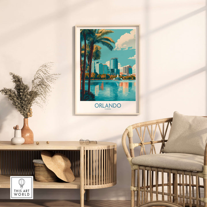 Orlando Florida Modern Skyline Art Print | Lake Eola Park Travel Poster displayed in a stylish interior setting.