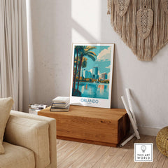 Orlando Florida Modern Skyline Art Print | Lake Eola Park Travel Poster displayed in a stylish interior setting.
