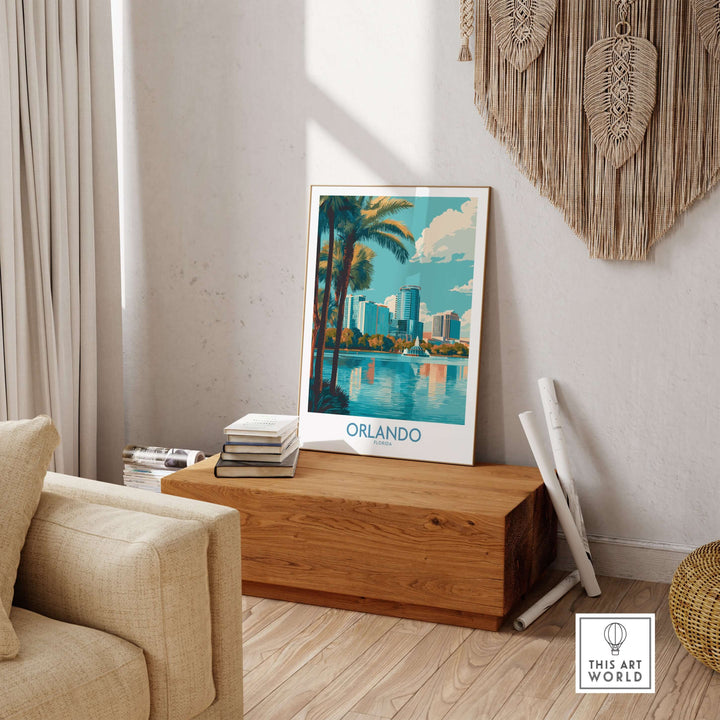 Orlando Florida Modern Skyline Art Print | Lake Eola Park Travel Poster displayed in a stylish living room setting.