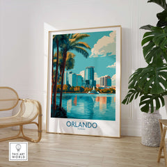 Orlando Florida Modern Skyline Art Print | Lake Eola Park Travel Poster in a stylish room with palm trees and reflection in water.