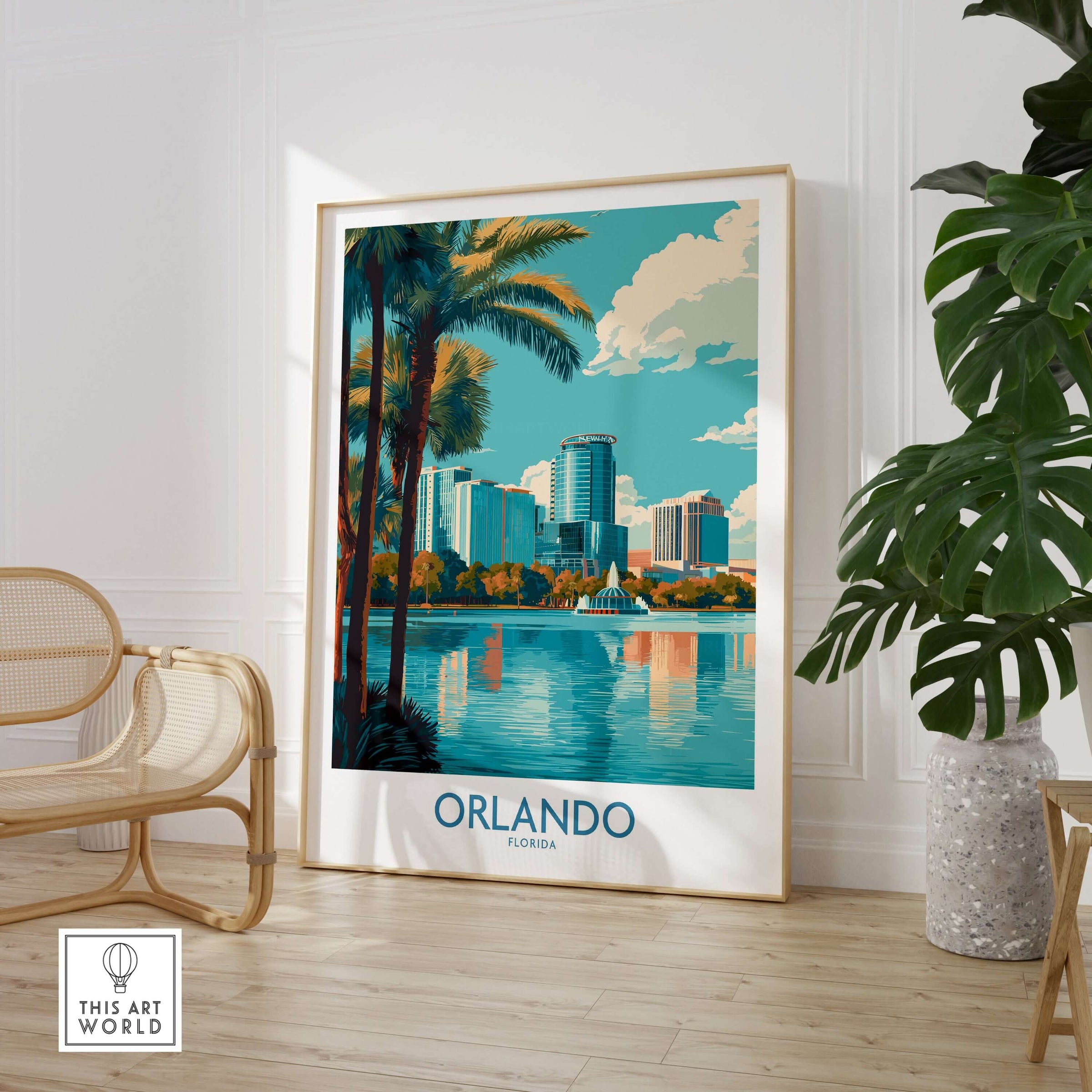 Orlando Florida Modern Skyline Art Print | Lake Eola Park Travel Poster in a stylish room with palm trees and reflection in water.