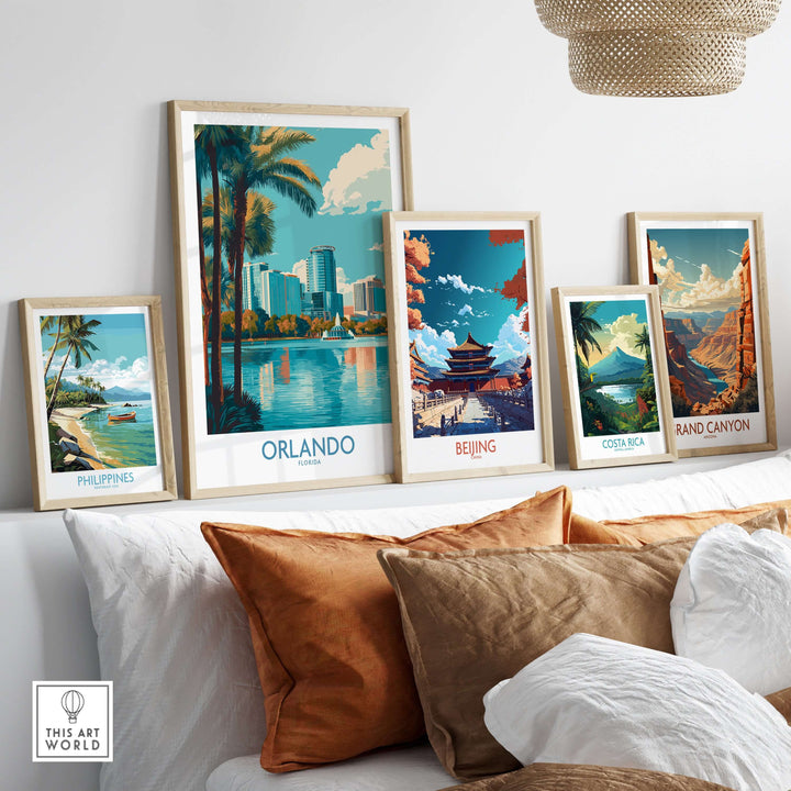 Orlando Florida Modern Skyline Art Print | Lake Eola Park Travel Poster displayed among other travel art prints.