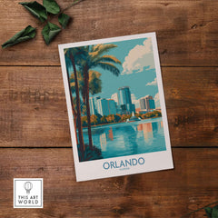 Orlando Florida Modern Skyline Art Print | Lake Eola Park Travel Poster featuring palm trees and skyline reflection.