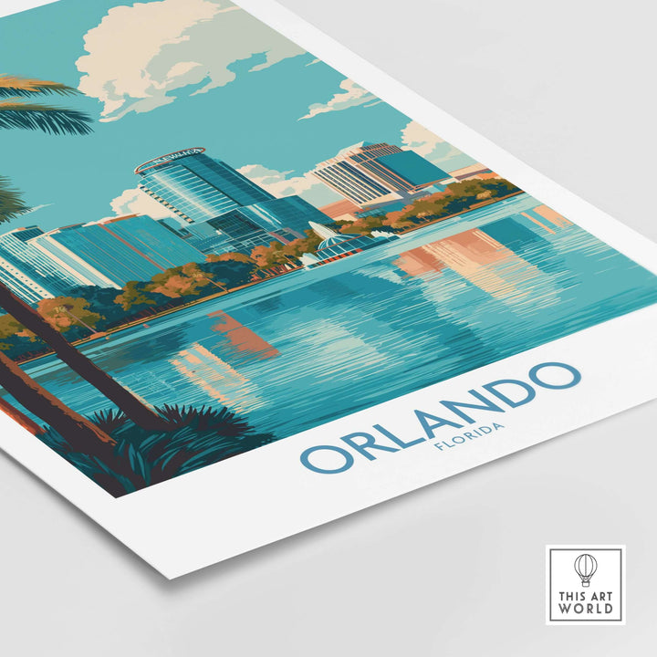Orlando Florida Modern Skyline Art Print | Lake Eola Park Travel Poster featuring a scenic view of the city skyline.