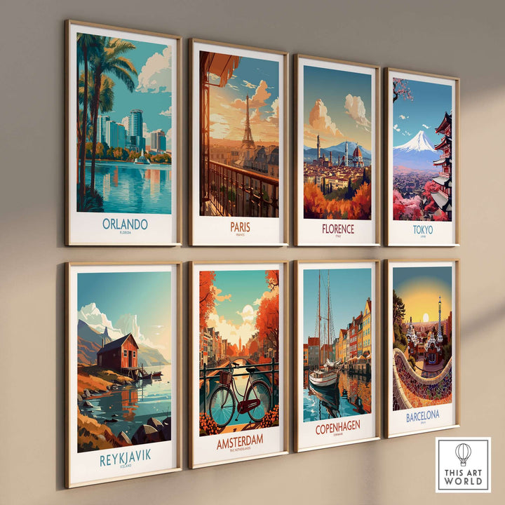 Orlando Florida Modern Skyline Art Print | Lake Eola Park Travel Poster showcased among other city art prints.